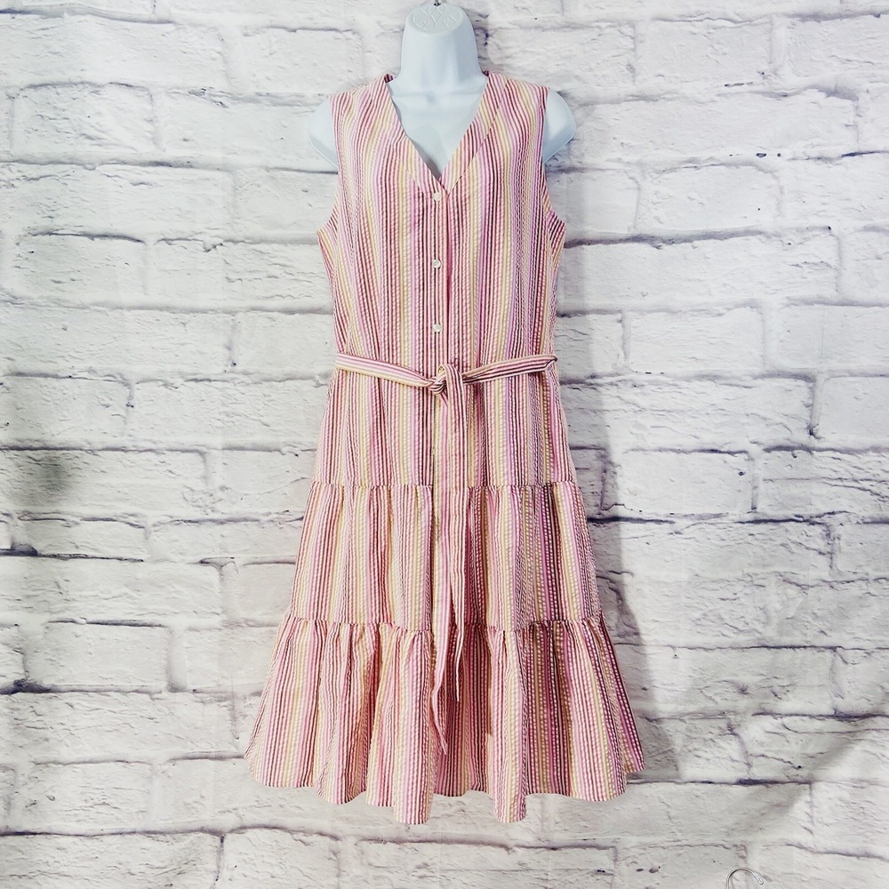 Draper James Shirt Dress Womens M Pink Striped Seersucker Button Up Tiered New